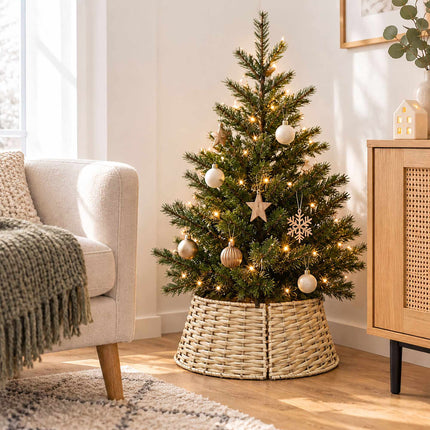 Woven Willow Christmas Tree Skirt, Three-Part Tree Collar, Natural