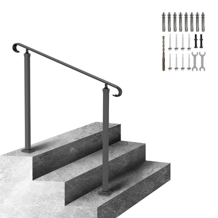 Wrought Iron Outdoor Stair Handrail, 2-Step, Black – Install Kit