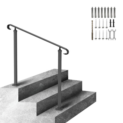 Wrought Iron Outdoor Stair Handrail, 2-Step, Black – Install Kit