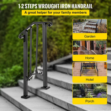 Wrought Iron Stair Handrail, Matte Black, 1–2 Steps