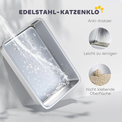 XL kočičí toaleta z nerezové oceli, světle šedá, s lopatkou
