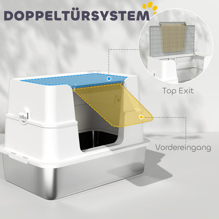 XL Katzentoilette aus Edelstahl, inklusive Schaufel, Hellgrau