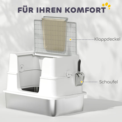 XL Katzentoilette aus Edelstahl, inklusive Schaufel, Hellgrau