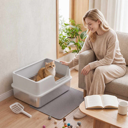 XL Stainless Steel Cat Litter Box with Lid, High Sides, Grey