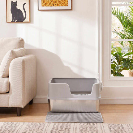 XL Stainless Steel Cat Litter Box with Lid, High Sides, Grey