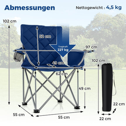 XXL Faltbarer Campingstuhl mit Kühltasche & Getränkehalter, 227kg Traglast