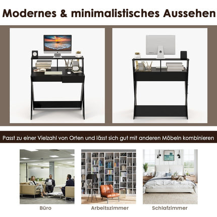 X-förmiger Computertisch mit Schublade und Monitorerhöhung, Schreibtisch, schwarz