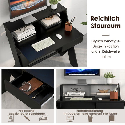 X-förmiger Computertisch mit Schublade und Monitorerhöhung, Schreibtisch, schwarz