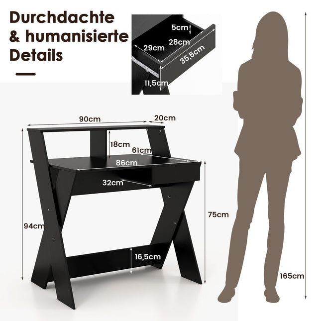 X-förmiger Computertisch mit Schublade und Monitorerhöhung, Schreibtisch, schwarz