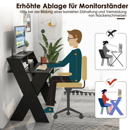X-förmiger Computertisch mit Schublade und Monitorerhöhung, Schreibtisch, schwarz