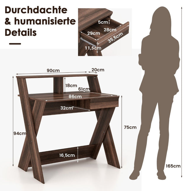 X-förmiger Computertisch mit Schublade &amp; Monitorerhöhung Walnuss