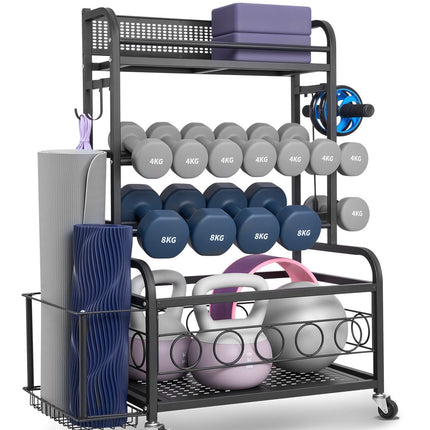 Yoga Mat Storage Rack, Steel Organizer With Hooks, Wheels