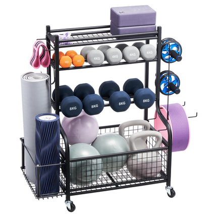 Yoga Mat Storage Rack With Hooks And Wheels, Steel