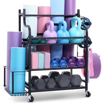 Yoga Mat Storage Rack With Hooks and Wheels, Steel
