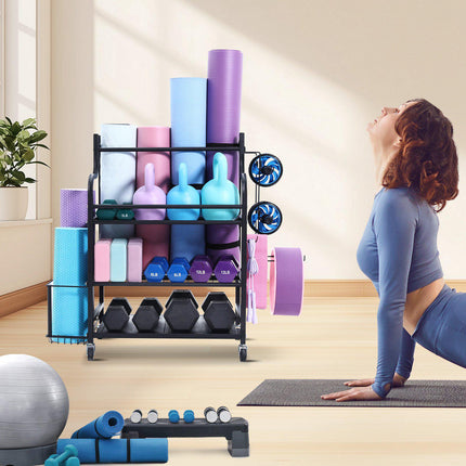 Yoga Mat Storage Rack With Hooks and Wheels, Steel