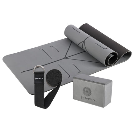 Yoga-Set – graue TPE-Matte, Block, Gurt