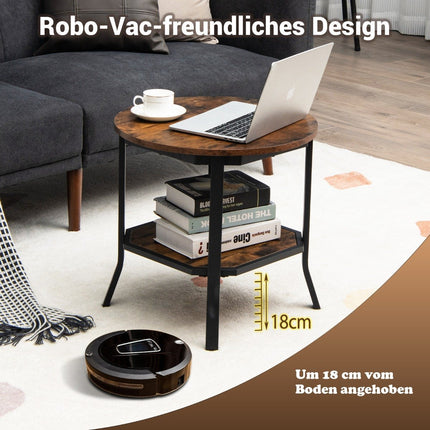 industrial round 2 tier side table with open shelf and steel legs 50 x 50 x 49.5 cm brown