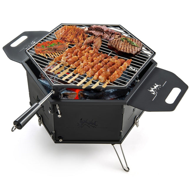 großer Holzkohlegrill mit 360° drehbarem Grillrost 2 in 1 Feuerschale 77 x 74 x 38 cm