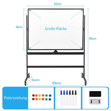 mobiles magnetisches großes Wende-Whiteboard 360° drehbar 90 x 120 cm schwarz + weiß