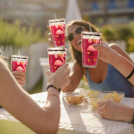 set of 4 drinking glasses with flamingo motif
