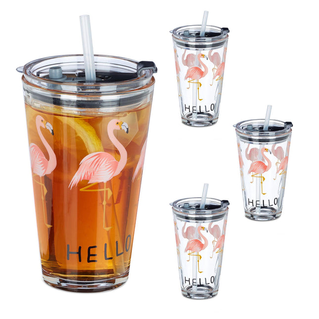 4er-Set Glasflaschen Flamingo
