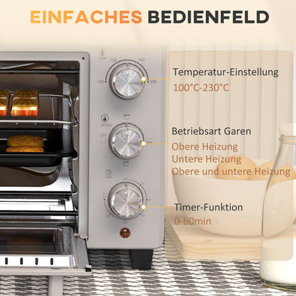 Kompakter 21-Liter-Ofen, 100°C-230°C, 3 Kochfunktionen
